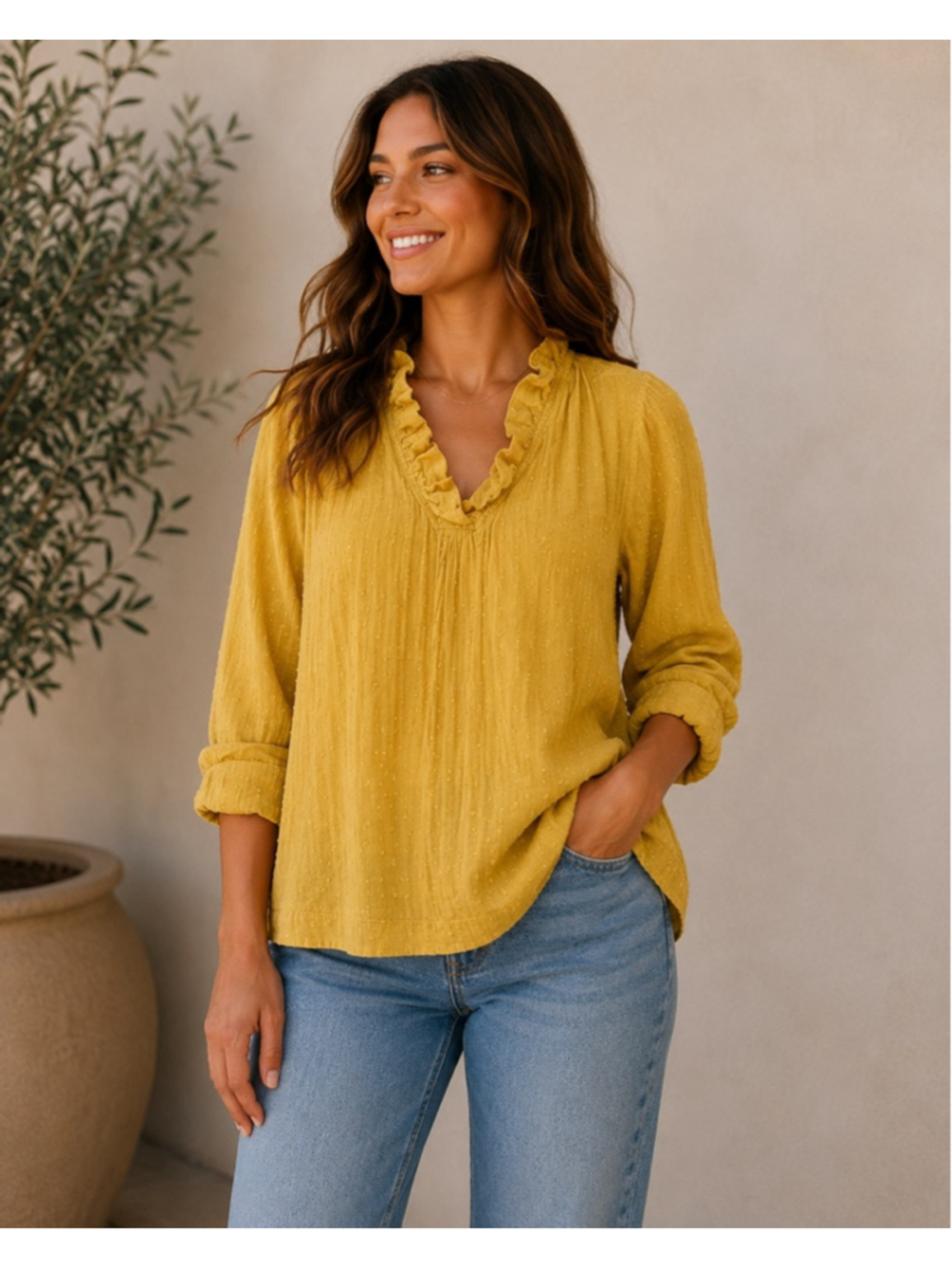 Women's Crown & Ivy Blouse M Yellow Ruffle V-Neck Summer